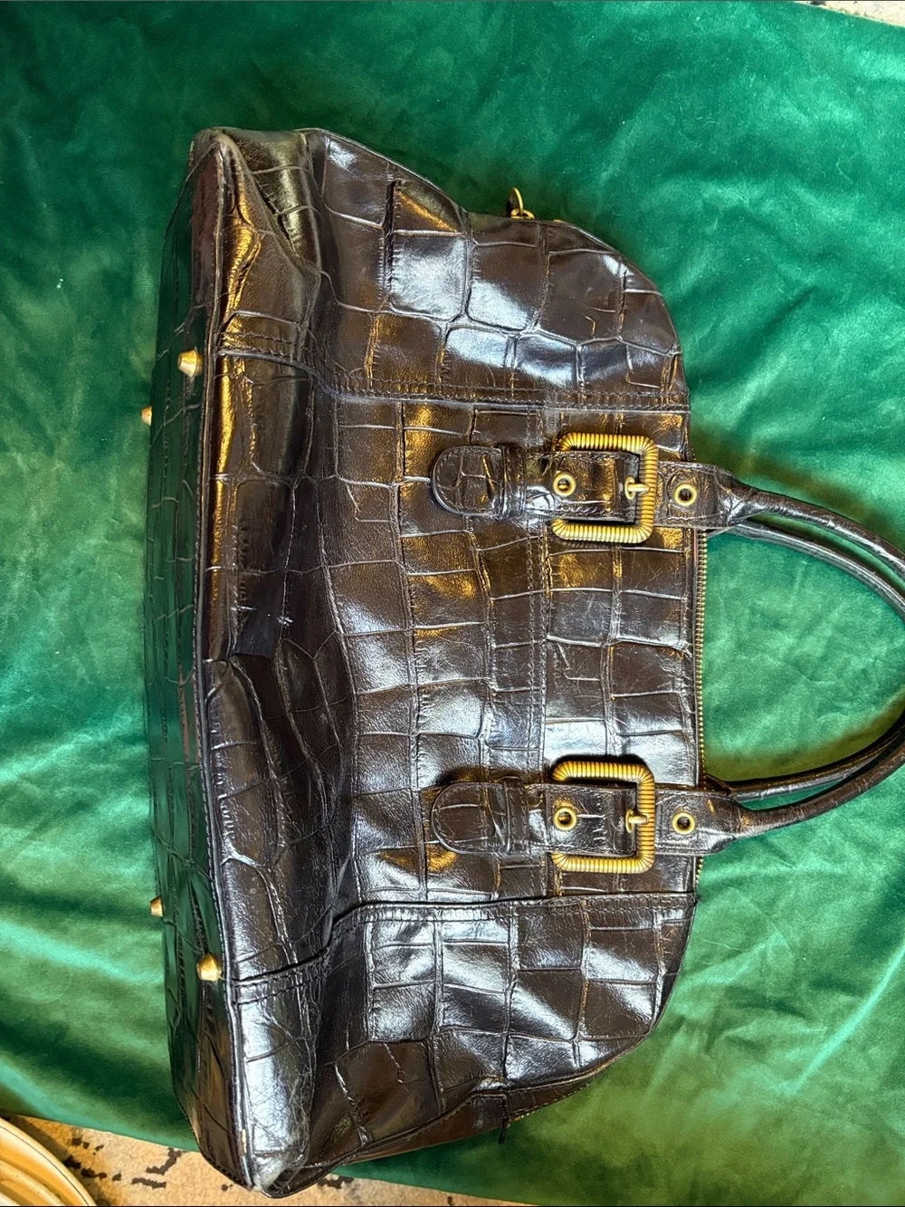 Maxx New York Black Croc-Embossed Satchel with Gold Hardware